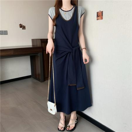 BY25872# 夏装新款大码女装胖mm撞色假两件拼接腰带收腰显瘦连衣裙 服裝批發女裝批發服飾貨源
