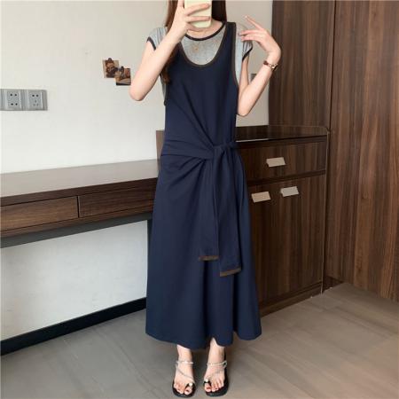 BY25872# 夏装新款大码女装胖mm撞色假两件拼接腰带收腰显瘦连衣裙 服裝批發女裝批發服飾貨源