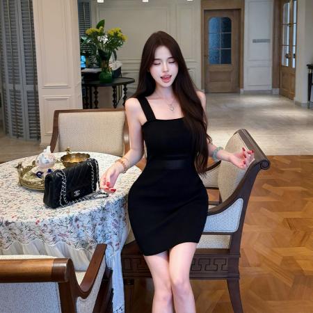 BY25876# 黑色巨显瘦性感百搭透视气质针织吊带连衣裙女纯欲风包臀短裙夏新 服裝批發女裝批發服飾貨源