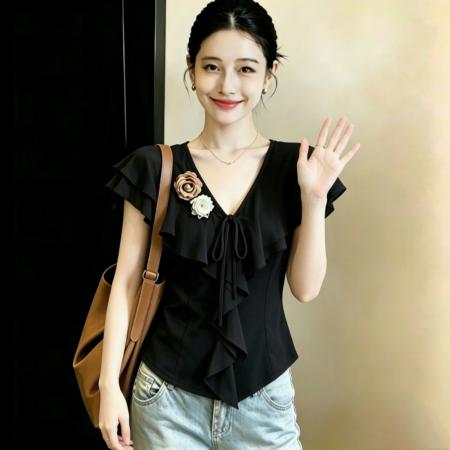 BY25878# 精棉夏显瘦t恤女设计感荷叶边系带v领拼接雪纺上衣 服裝批發女裝批發服飾貨源