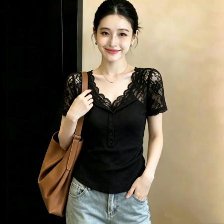 BY25880# 精棉通勤风黑色蕾丝拼接V领T恤女新款高端小资气质上衣 服裝批發女裝批發服飾貨源
