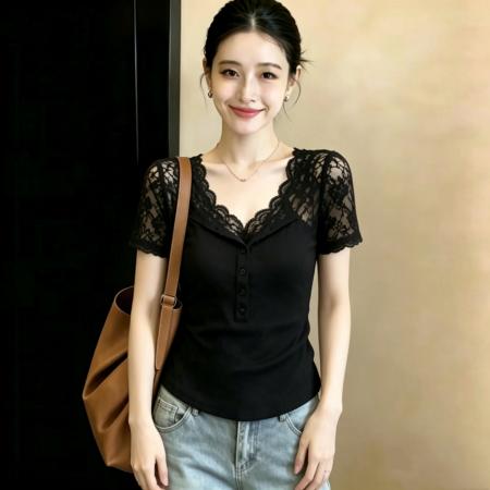 BY25880# 精棉通勤风黑色蕾丝拼接V领T恤女新款高端小资气质上衣 服裝批發女裝批發服飾貨源
