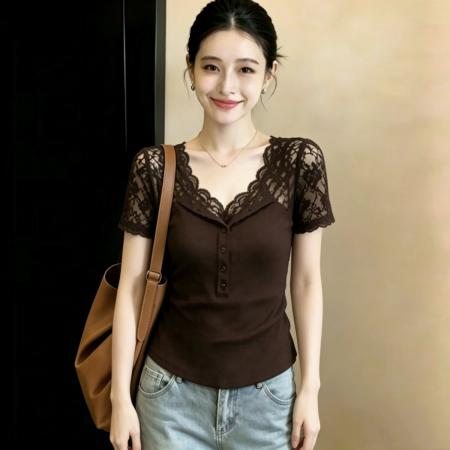 BY25880# 精棉通勤风黑色蕾丝拼接V领T恤女新款高端小资气质上衣 服裝批發女裝批發服飾貨源