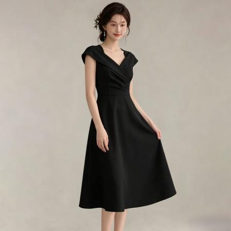 BY25884# 法式优雅赫本风纯色小黑裙宴会漂亮连衣裙女夏季新款中长裙 服裝批發女裝批發服飾貨源