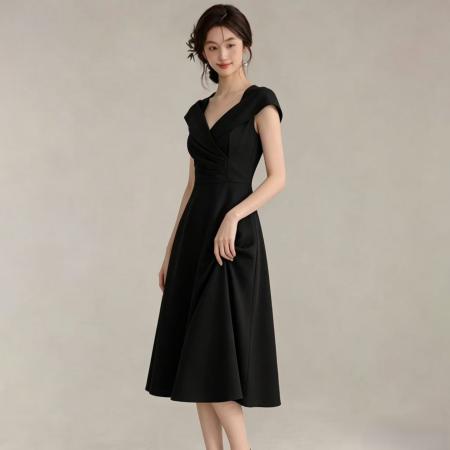 BY25884# 法式优雅赫本风纯色小黑裙宴会漂亮连衣裙女夏季新款中长裙 服裝批發女裝批發服飾貨源
