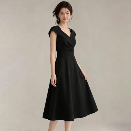 BY25884# 法式优雅赫本风纯色小黑裙宴会漂亮连衣裙女夏季新款中长裙 服裝批發女裝批發服飾貨源