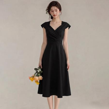 BY25884# 法式优雅赫本风纯色小黑裙宴会漂亮连衣裙女夏季新款中长裙 服裝批發女裝批發服飾貨源