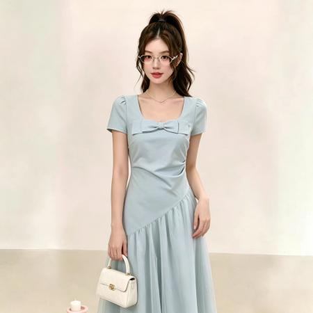 BY25886# 夏季新款时尚仙女蓬蓬裙温柔拼接收腰显瘦千金风连衣裙女 服裝批發女裝批發服飾貨源