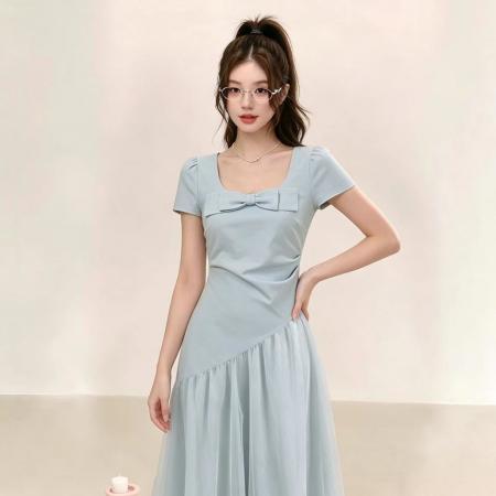 BY25886# 夏季新款时尚仙女蓬蓬裙温柔拼接收腰显瘦千金风连衣裙女 服裝批發女裝批發服飾貨源