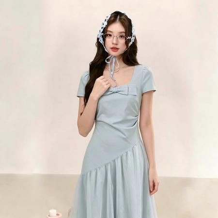 BY25886# 夏季新款时尚仙女蓬蓬裙温柔拼接收腰显瘦千金风连衣裙女 服裝批發女裝批發服飾貨源