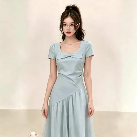 BY25886# 夏季新款时尚仙女蓬蓬裙温柔拼接收腰显瘦千金风连衣裙女 服裝批發女裝批發服飾貨源