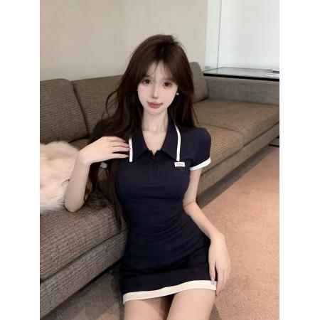 BY25888# 新款韩版ins风miu系感POlO领短袖包臀收腰连衣裙女 服裝批發女裝批發服飾貨源