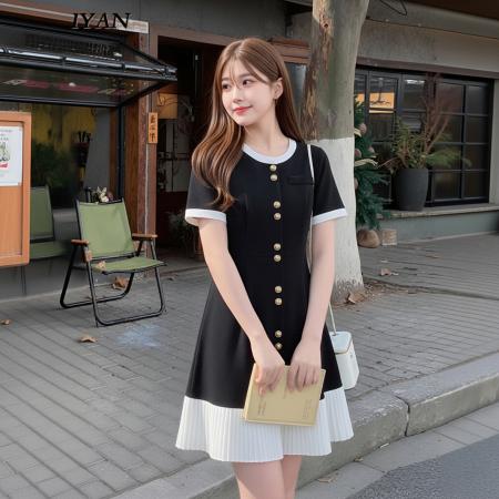 BY25897# 法式小香风撞色拼接连衣裙子女夏季大码胖mm收腰显瘦中长款小黑裙 服裝批發女裝批發服飾貨源