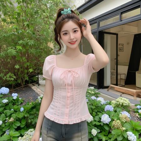 BY25901# 甜美白色镂空方领短袖衬衫女夏季绑带泡泡袖衬衣小衫修身显瘦上衣 服裝批發女裝批發服飾貨源