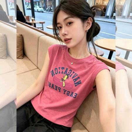 BY25938# 多巴胺粉色字母印花无袖T恤女夏季新款辣妹减龄时尚显瘦上衣 服裝批發女裝批發服飾貨源
