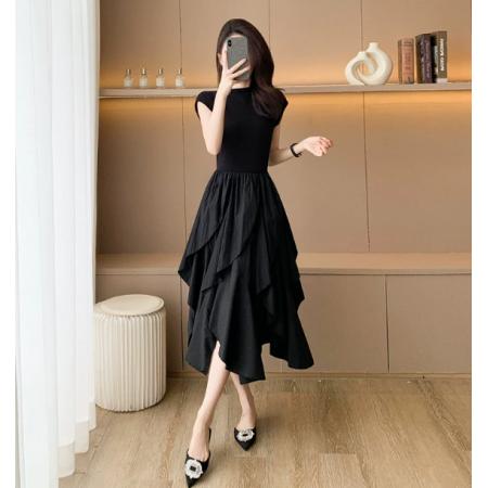 FA56927#黑色超好看无袖连衣裙女夏季收腰显瘦气质赫本风长款不规则裙子
