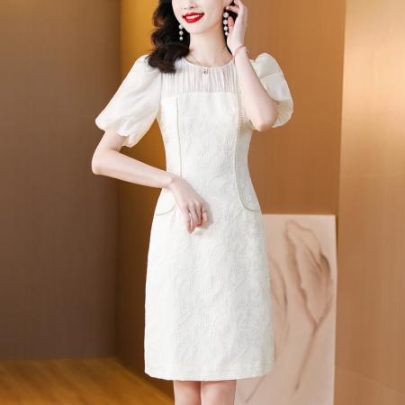 BY26080# 法式复古新中式连衣裙女夏装新款杏色拼接天丝A字裙 服裝批發女裝批發服飾貨源