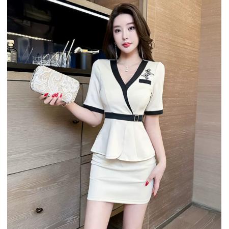 FA56932#  套装养生沐足按摩气质修身显瘦低领拼接复古短款a字包臀裙子