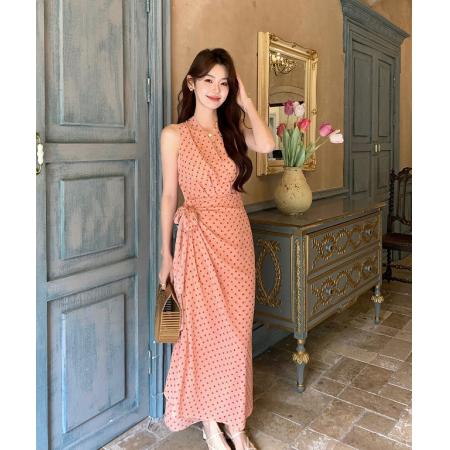 FA56942# 夏绑带收腰显瘦挂脖式吊带背心波点长款连衣裙女