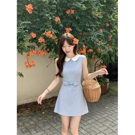温柔娃娃领无袖背心连衣裙女夏季新款蝴蝶结收腰显瘦气质短裙  服裝批發女裝批發服飾貨源