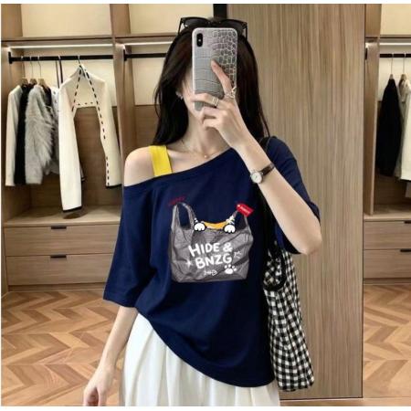 FA56985# 韩版假两件斜肩短袖t恤女美式外搭个性法式小众通勤甜美上衣