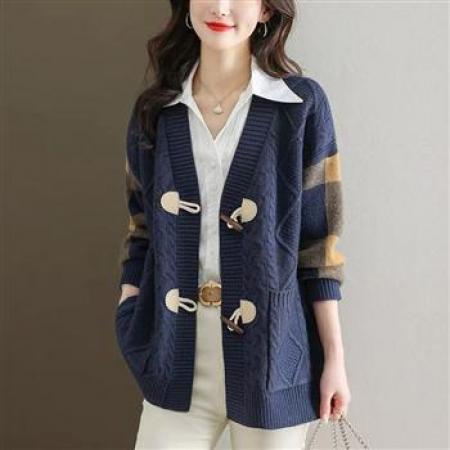 YF8727# (4色入内）冬季慵懒风大码长袖V领系扣麻花纹编织针织毛衣上衣