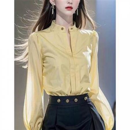 YF8721# 图片色法式小众泡泡袖系扣立领褶折宽松显瘦黄色别致气质上衣