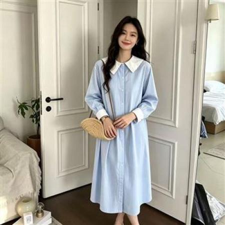 YF8718# 图片色甜美小清新撞色翻领排扣宽松显瘦简约蓝色连衣裙