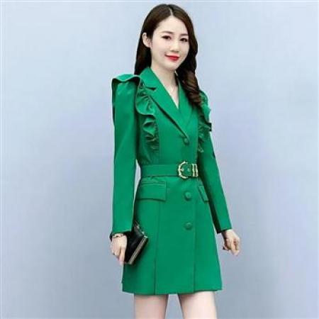 YF8711# (3色入内）时尚韩版秋冬复古气质荷叶边翻领排扣拼接中长款风衣外套