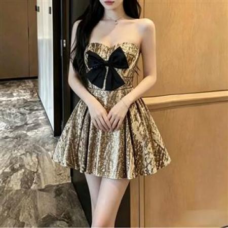 YF8708# 图片色性感一字肩蝴蝶结抹胸收腰显瘦名媛气质精致感礼服裙