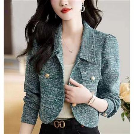 YF8690# (3色入内）小香风秋冬长袖翻领排扣毛呢系扣短款休闲百搭西装外套