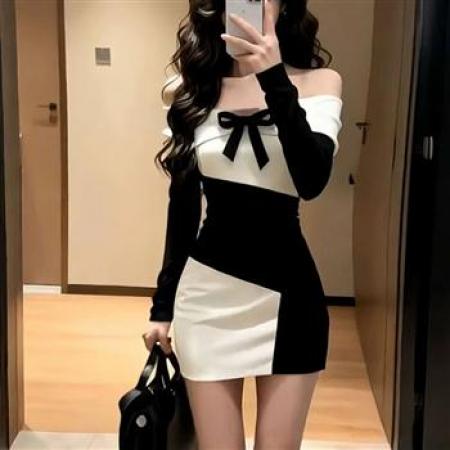YF8686# 图片色性感辣妹时尚小礼服一字肩蝴蝶结二色拼接收腰包臀连衣裙