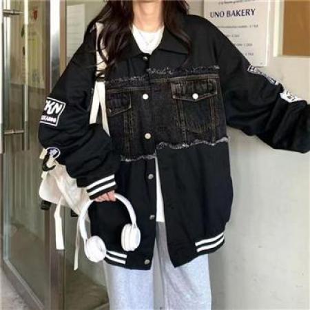 YF8691# (2色入内）慵懒风时尚二色拼接长袖翻领系扣加大码显瘦休闲牛仔卫衣潮