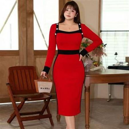 YF8666# (4色入内）欧美时尚秋冬二色拼接排扣立体感弹力修腰包臀连衣裙