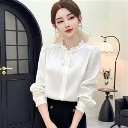 YF8823# (7色入内）甜美时尚褶折花边领系绳系扣宽松通勤时尚上衣 服裝批發女裝批發服飾貨源
