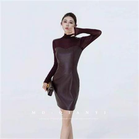 YF8821# 图片色高端感网纱拼接PU皮秋冬收腰包臀韩版新款连衣裙 服裝批發女裝批發服飾貨源