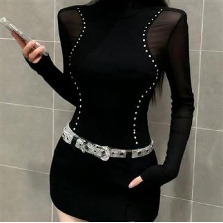 YF8818# （2色入内）时尚小众网纱拼接高领弧边背弹力紧身百搭打底上衣 服裝批發女裝批發服飾貨源