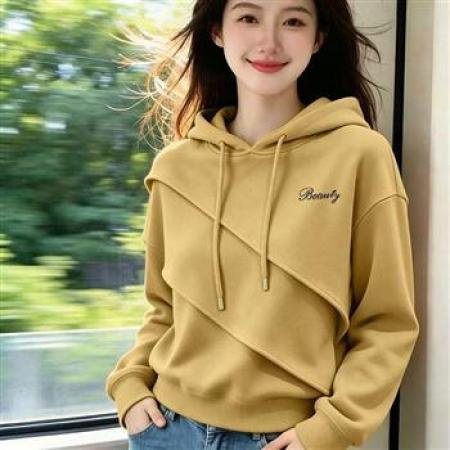 YF8813# (3色入内）港式秋冬不规则拼接长袖连帽字母印花大码卫衣上衣 服裝批發女裝批發服飾貨源