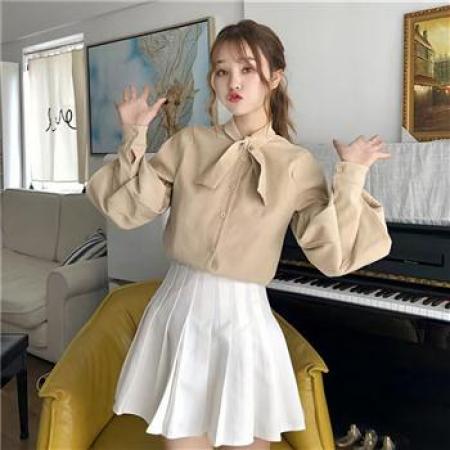 YF8815# (2色入内）甜美时尚蝴蝶结圆领系扣泡泡袖宽松大码显瘦衬衫 服裝批發女裝批發服飾貨源