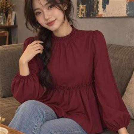YF8811# (2色入内）秋季泡泡袖荷叶边褶折收腰宽松显瘦纯色法式新款上衣 服裝批發女裝批發服飾貨源