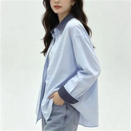 YF8809# (2色入内）韩版格子拼接翻领长袖排扣设计宽松大码甜美气质上衣 服裝批發女裝批發服飾貨源