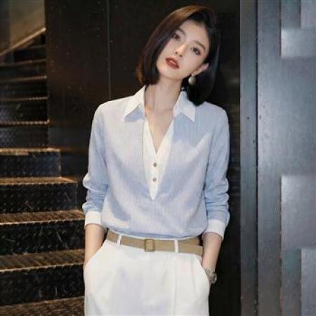 YF8800# 图片色假两件翻领条纹韩版简约宽松显瘦春秋通勤新款衬衫 服裝批發女裝批發服飾貨源