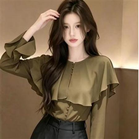 YF8795# 图片色甜美时尚荷叶边包扣设计宽松显瘦别致雪纺上衣 服裝批發女裝批發服飾貨源