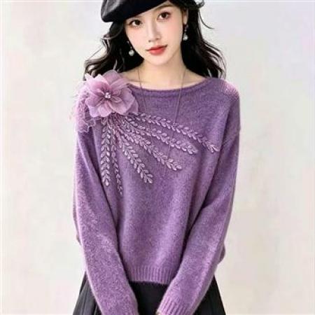 YF8793# (4色入内）时尚重工亮片立体花设计圆领长袖柔顺软糯针织毛衣 服裝批發女裝批發服飾貨源