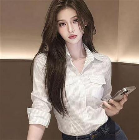 YF8791# 图片色港式时尚条纹POLO领长袖收腰显瘦别致通勤上衣 服裝批發女裝批發服飾貨源