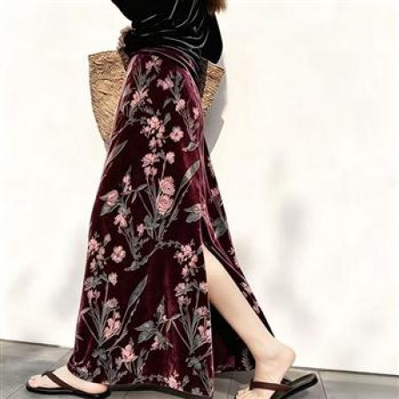YF8781# 图片色秋冬玫瑰花丝绒收腹高腰A字开叉坠地感优雅半身裙 服裝批發女裝批發服飾貨源