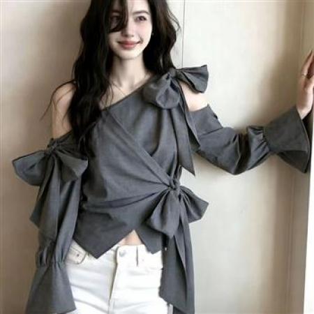YF8772# 图片色性感时尚镂空露肩蝴蝶结绑带收腰不规则衬衣 服裝批發女裝批發服飾貨源