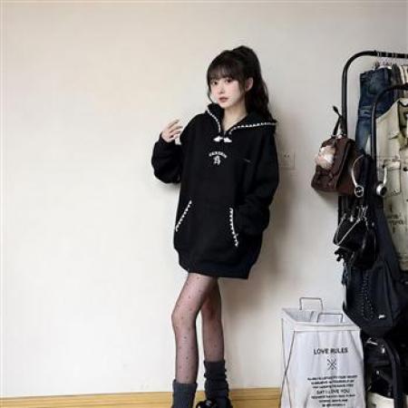 YF8776# (2色入内）学院风撞色包边字母刺绣肩长袖连帽宽松大码卫衣潮 服裝批發女裝批發服飾貨源
