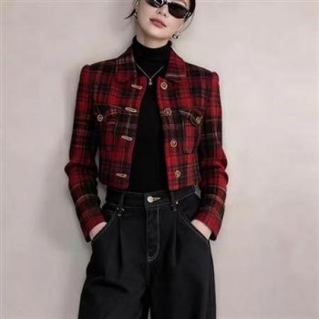YF8740# 图片色复古气质秋冬短装红黑格子长袖POLO领休闲夹克上衣 服裝批發女裝批發服飾貨源