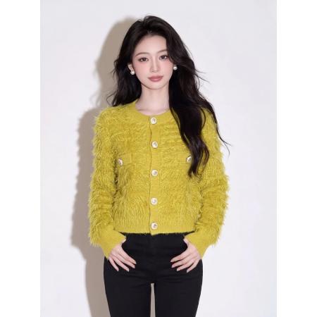 小香风仿水貂绒针织开衫女秋冬高级感毛毛上衣巨好看绝美毛衣外套 服裝批發女裝批發服飾貨源